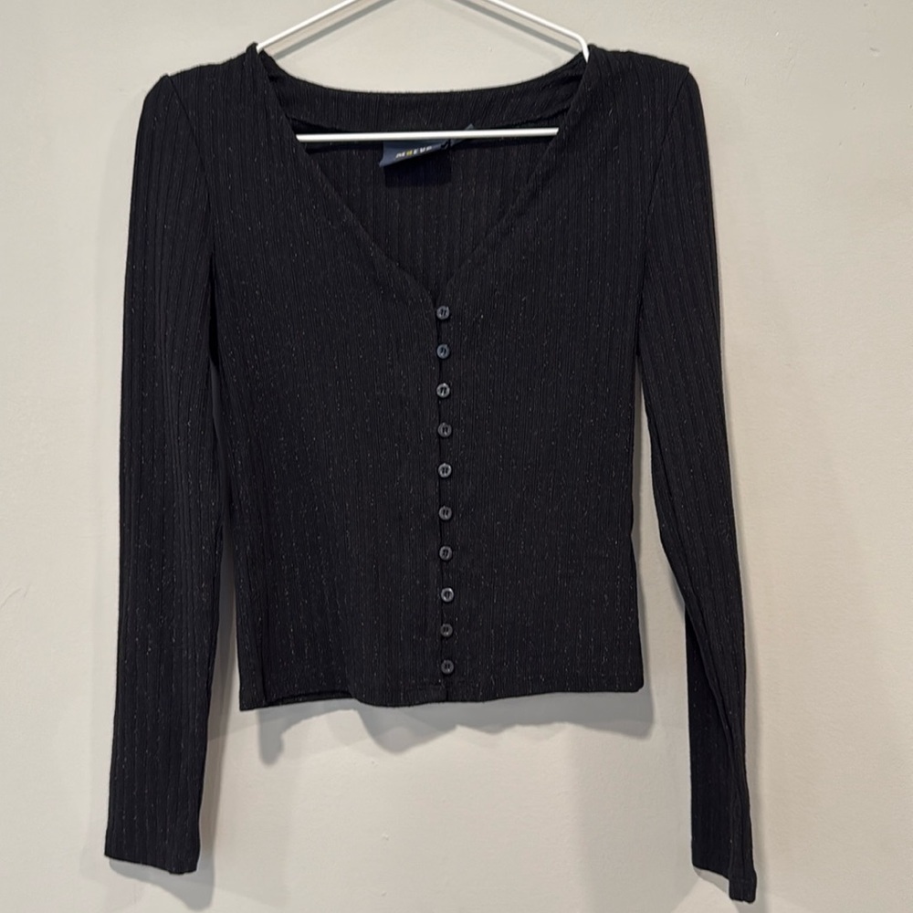 Maeve Anthropologie Button Up Shimmery Black Top Size XS Very Flattering 1725